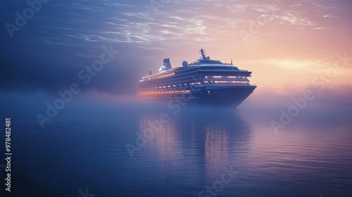 Early morning view of a cruise liner on a peaceful ocean, with mist rising from the water and the shipaes lights glowing softly