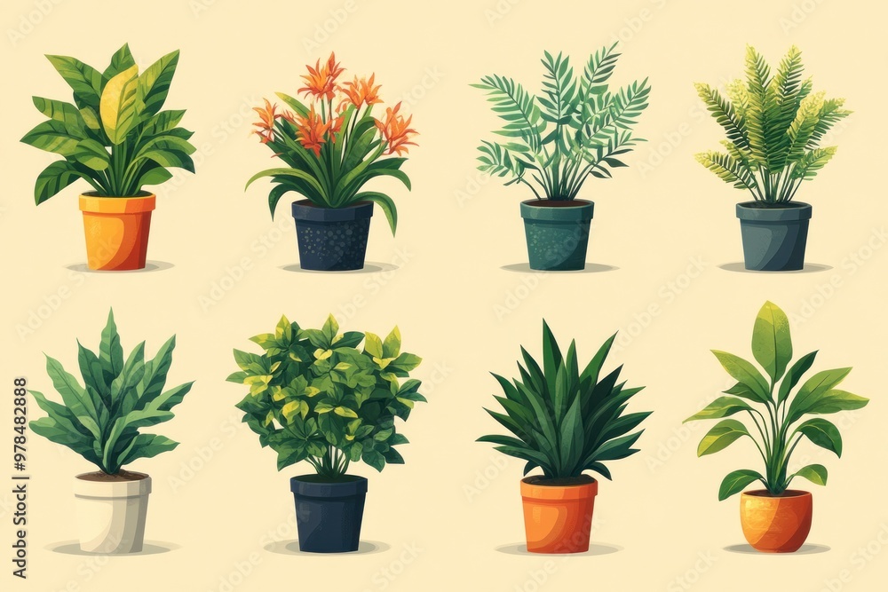 Illustration of Eight Different Potted Plants with Green Leaves Illustration of Eight Different Potted Plants with Green Leaves