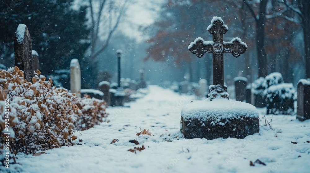 Under the soft falling snow, a cemetery's stone cross and gravestones rest in stillness, surrounded by the stark beauty of barren trees in winter.