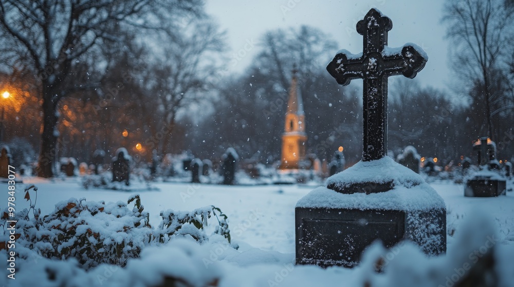 In the midst of a gentle winter snowfall, gravestones and a stone cross lie covered in snow, embraced by the stillness of bare trees and falling flakes.