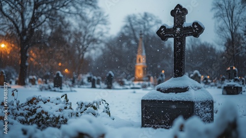 Obraz na płótnie In the midst of a gentle winter snowfall, gravestones and a stone cross lie covered in snow, embraced by the stillness of bare trees and falling flakes. w salonie