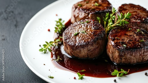 Elegant gourmet presentation of tender beef medallions on a white plate, drizzled with a red wine reduction and garnished with fresh herbs, on a clean, neutral backdrop.