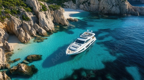 Elegant white yacht anchored near Sardiniaaes famous Cala Luna beach, with pristine waters and dramatic rock formations surrounding it