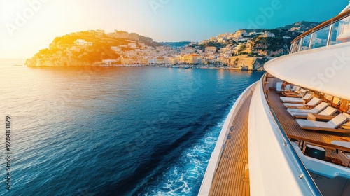 A luxury yacht cruising near a coastal town at sunset.