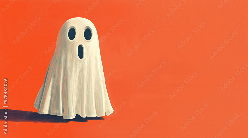 A playful ghost figure stands out against a bold orange backdrop, creating an ideal setting for Halloween-themed projects that require clear copy space A playful ghost figure stands out against a bold orange backdrop, creating an ideal setting for Halloween-themed projects that require clear copy space
