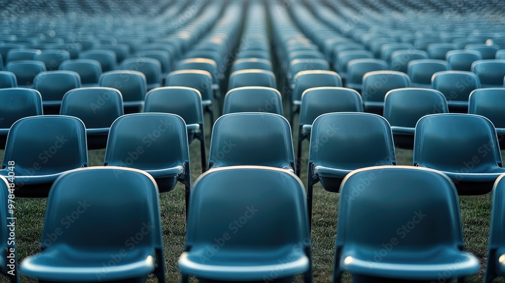 Naklejka premium Empty rows of plastic stadium chairs in an outdoor sports arena, ready to host fans for a football match or concert.