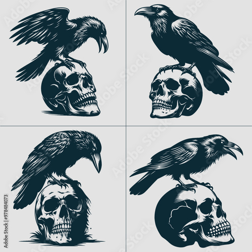 Crow on a skull svg, skull crow svg, raven skull svg, raven silhouette, human skull clipart
