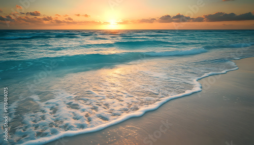 Crystal-clear turquoise waters with gentle waves lapping at a pristine beach under a golden sunset