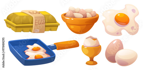 Chicken egg cartoon vector set - whole raw or cooked in bowl, on cup holder with broken shell, frying on pan and ready to eat, in carton box. Farm bird protein food product ingredient for breakfast.