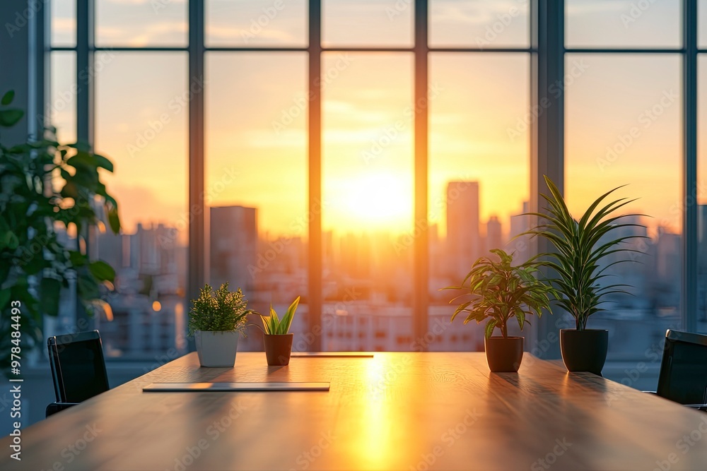 Blur background of office interior with large windows with city urban view, plants, and wooden desks at sunset. Modern workplace and urban greenery concept. Design for poster, generative ai Blur background of office interior with large windows with city urban view, plants, and wooden desks at sunset. Modern workplace and urban greenery concept. Design for poster, generative ai