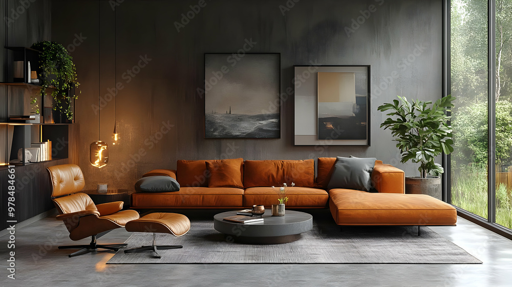 Modern Living Room Design with Orange Leather Sofa, Concrete Walls & Minimalist Decor Modern Living Room Design with Orange Leather Sofa, Concrete Walls & Minimalist Decor