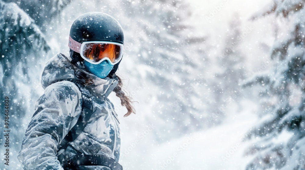 Female athlete in helmet and mask snowboarding through the trees on a snow-covered slope, her figure standing out against the white winter landscape. Female athlete in helmet and mask snowboarding through the trees on a snow-covered slope, her figure standing out against the white winter landscape.