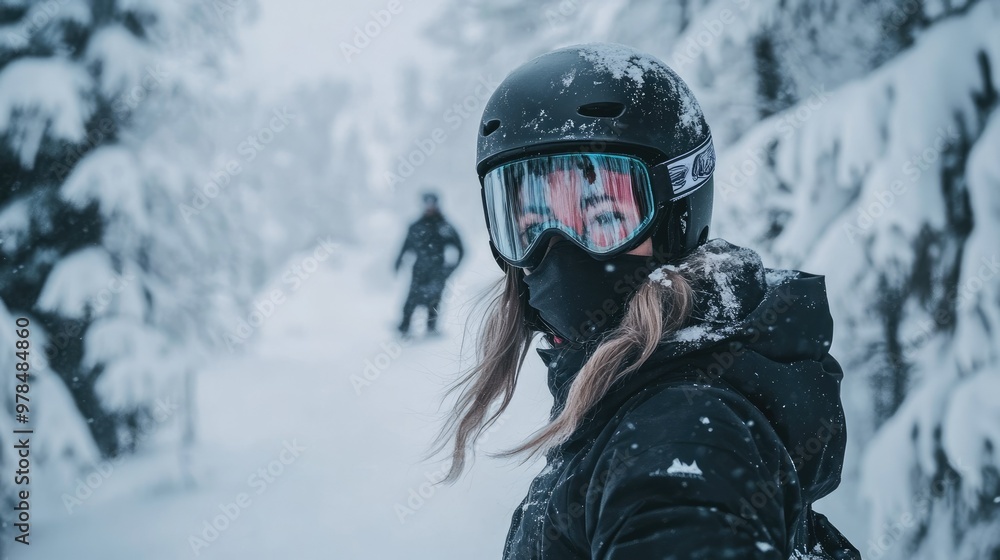 Female athlete in helmet and mask snowboarding through the trees on a snow-covered slope, her figure standing out against the white winter landscape. Female athlete in helmet and mask snowboarding through the trees on a snow-covered slope, her figure standing out against the white winter landscape.