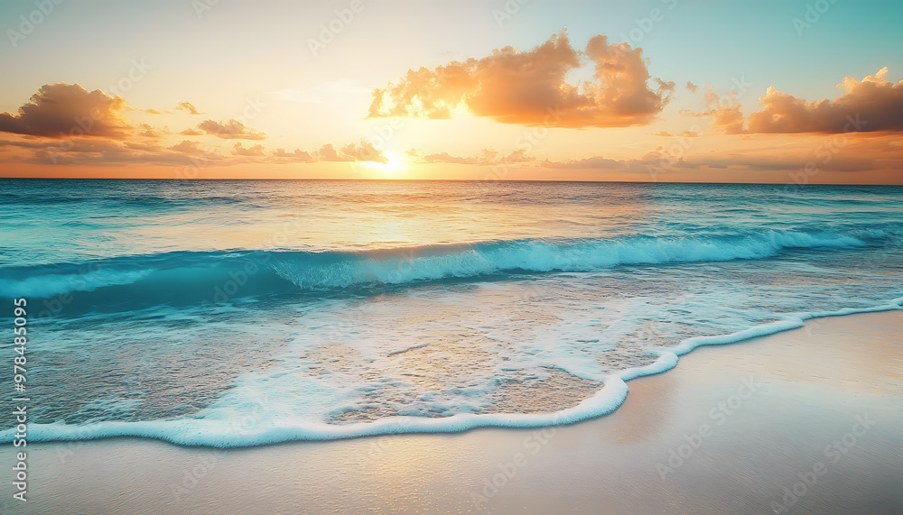Fototapeta premium Crystal-clear turquoise waters with gentle waves lapping at a pristine beach under a golden sunset