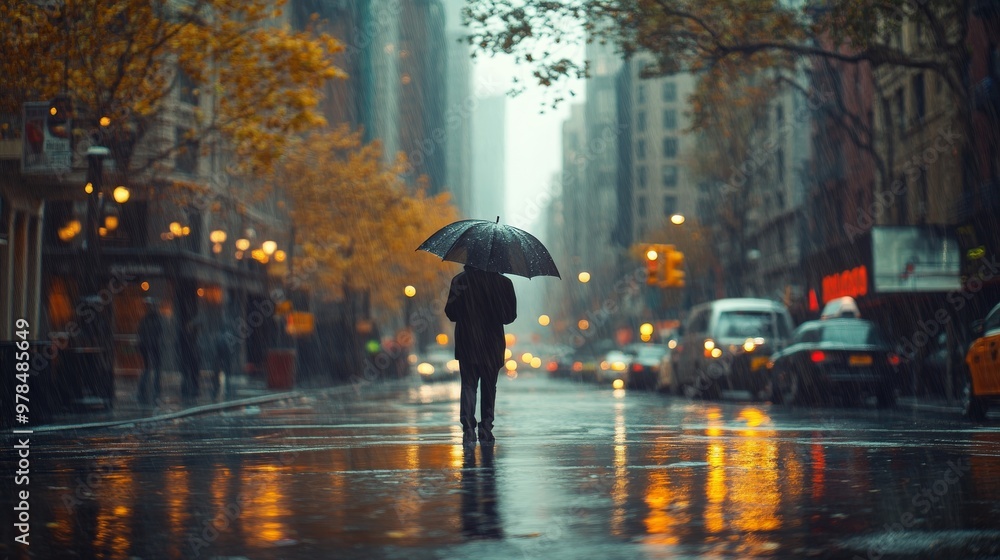 A solitary man holding an umbrella walks down a dimly lit city street during a rainy evening, with reflections on wet pavement.