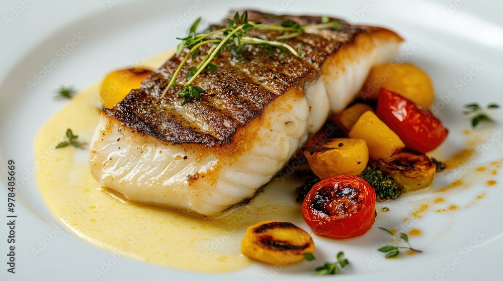Fine dining sea bass with a velvety lemon cream sauce, complemented by roasted vegetables and herbs, presented elegantly on a white plate. Fine dining sea bass with a velvety lemon cream sauce, complemented by roasted vegetables and herbs, presented elegantly on a white plate.