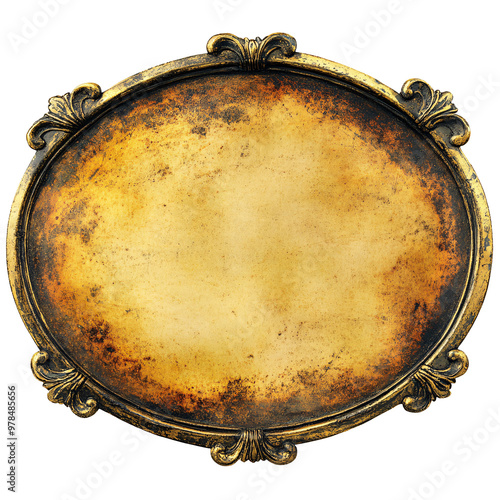 A vintage-style oval plaque with an ornate gold and black frame, perfect for decorative purposes. photo