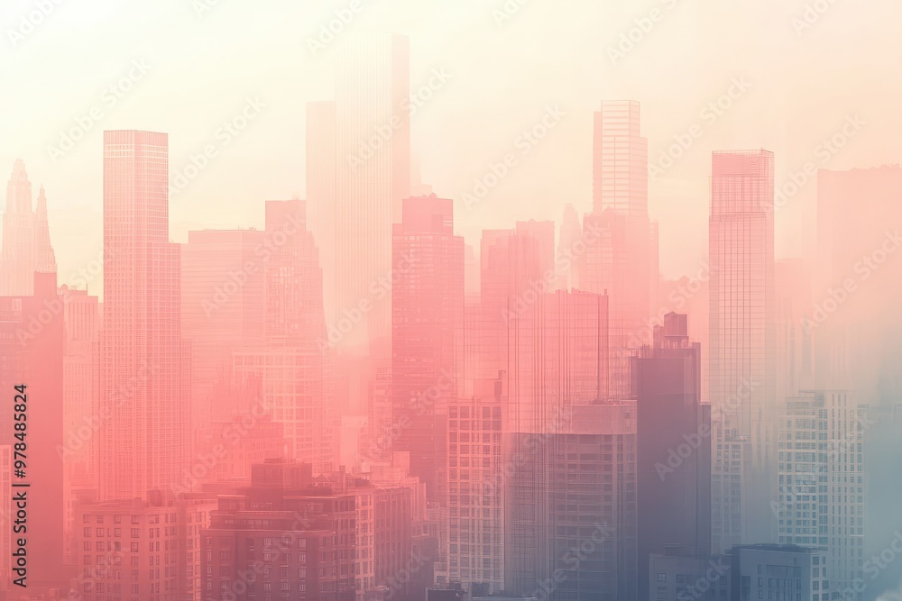 A misty city skyline with a soft pink hue, evoking a dreamy urban atmosphere. A misty city skyline with a soft pink hue, evoking a dreamy urban atmosphere.