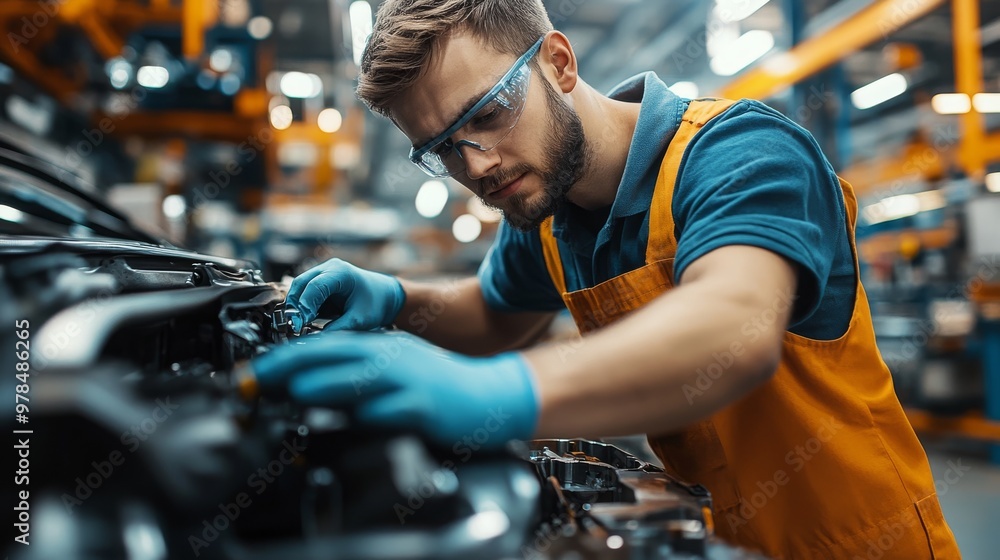 A focused young engineer, wearing safety glasses, diligently operates industrial machinery in a bright, modern factory. A focused young engineer, wearing safety glasses, diligently operates industrial machinery in a bright, modern factory.