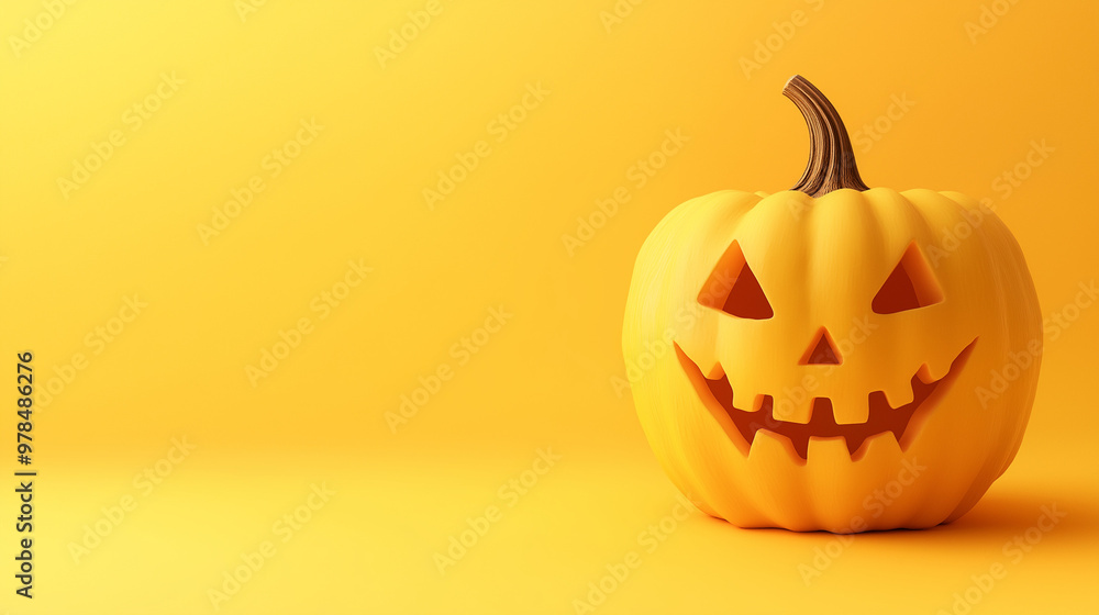 A cheerful jack-o'-lantern with a broad smile stands against a bright yellow backdrop, perfect for Halloween-themed designs or greetings, copy space A cheerful jack-o'-lantern with a broad smile stands against a bright yellow backdrop, perfect for Halloween-themed designs or greetings, copy space
