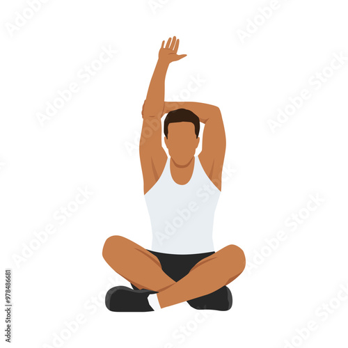 Young man doing stretching raised arm. Stretches his arms while sitting in lotus pose. Flat vector illustration isolated on white background