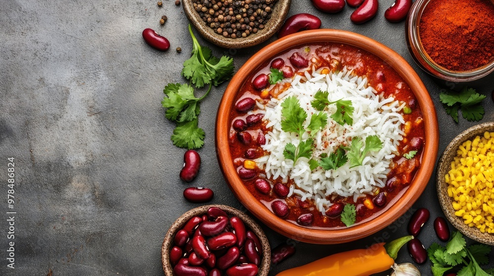Flat lay of Rajma red bean curry with rice in a traditional clay bowl on a concrete table, surrounded by raw spices, kidney beans, and fresh ingredients. Flat lay of Rajma red bean curry with rice in a traditional clay bowl on a concrete table, surrounded by raw spices, kidney beans, and fresh ingredients.