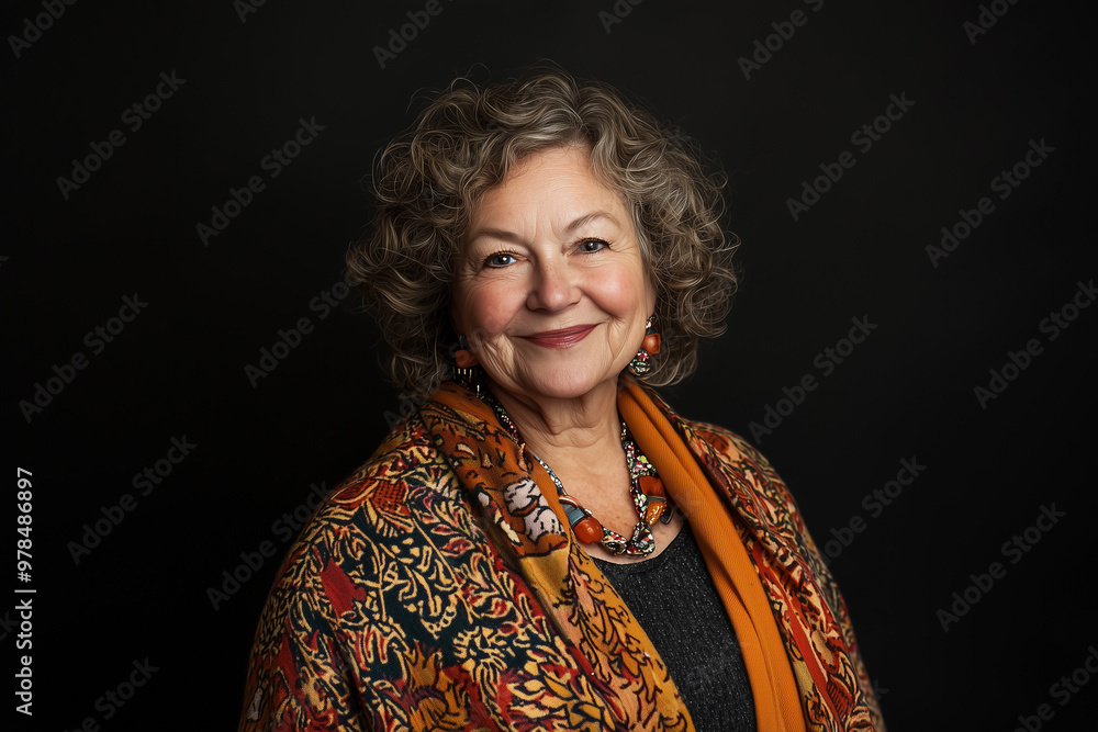 portrait of an older woman with curly hair wearing patterned shawl, smiling at the camera, posing for photo in studio portrait of an older woman with curly hair wearing patterned shawl, smiling at the camera, posing for photo in studio