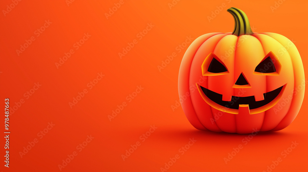 A cheerful pumpkin with a playful expression sits on a bright orange backdrop, creating an inviting and festive atmosphere for Halloween celebrations and decor, copy space A cheerful pumpkin with a playful expression sits on a bright orange backdrop, creating an inviting and festive atmosphere for Halloween celebrations and decor, copy space