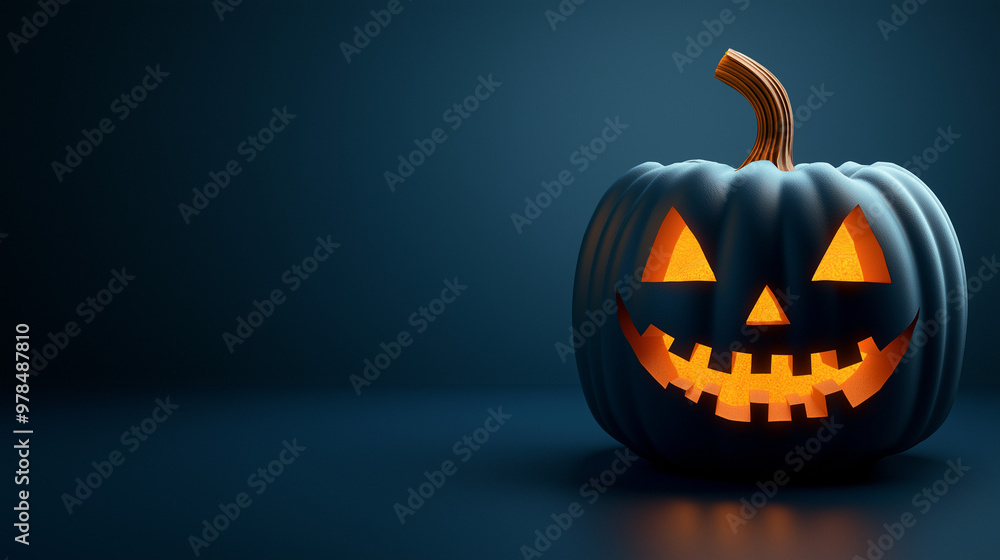 A carved pumpkin with a cheerful expression glows softly in a dark space, creating a spooky yet inviting ambiance for Halloween gatherings and decorations, copy space A carved pumpkin with a cheerful expression glows softly in a dark space, creating a spooky yet inviting ambiance for Halloween gatherings and decorations, copy space