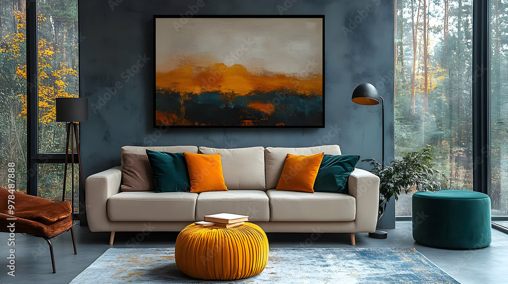 Modern Living Room with Beige Sofa, Yellow and Green Pillows, and a Large Abstract Painting Modern Living Room with Beige Sofa, Yellow and Green Pillows, and a Large Abstract Painting