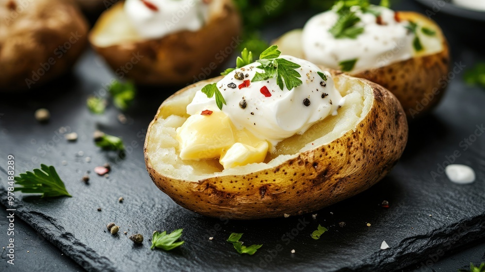 Freshly baked potato on a black slate plate, cut open to reveal a soft, fluffy inside, oozing with butter, and generously covered with sour cream and herbs Freshly baked potato on a black slate plate, cut open to reveal a soft, fluffy inside, oozing with butter, and generously covered with sour cream and herbs