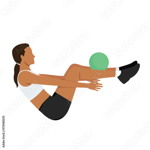 Young woman doing Medicine ball boat balance. Flat vector illustration isolated on white background