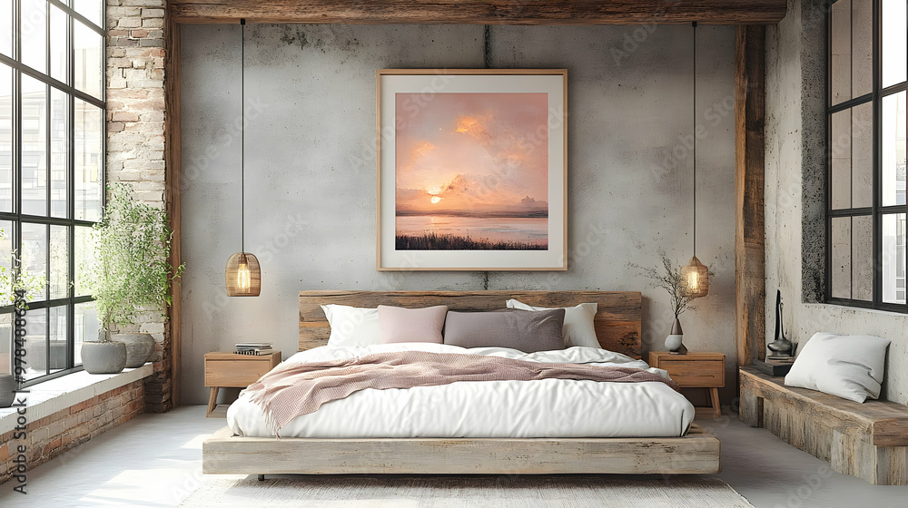 Modern Bedroom Decor with Wooden Bed Frame and Artwork of a Sunset Over Water Modern Bedroom Decor with Wooden Bed Frame and Artwork of a Sunset Over Water
