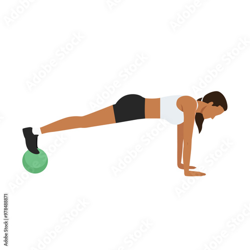 Young woman doing Reverse medicine ball plank. Flat vector illustration isolated on white background