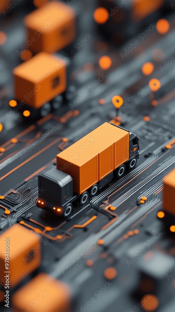 A detailed supply chain with truck on circuit board, showcasing logistics A detailed supply chain with truck on circuit board, showcasing logistics