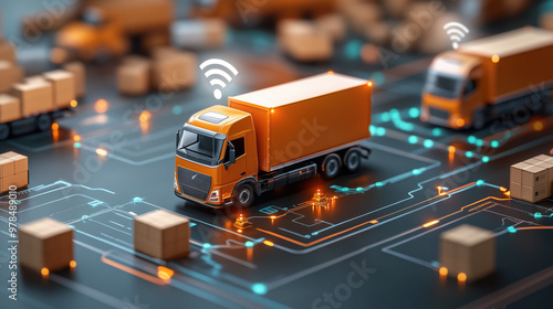 Efficient supply chain with tracking icons and delivery trucks