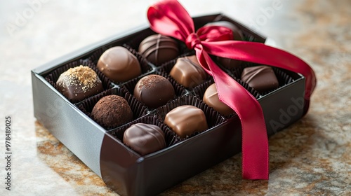 Gift box of assorted gourmet chocolates tied with a decorative ribbon. Truffles and pralines with glossy finishes create a luxurious presentation.