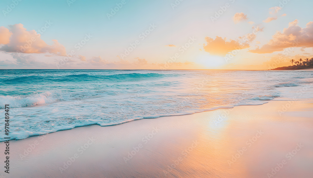 Crystal-clear turquoise waters with gentle waves lapping at a pristine beach under a golden sunset Crystal-clear turquoise waters with gentle waves lapping at a pristine beach under a golden sunset