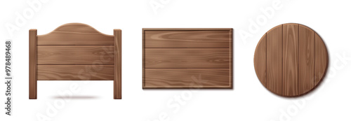 Wood signs set isolated on white background. Vector realistic illustration of blank round and rectangular wooden signboards with natural texture, brown plaques, saloon signboard, interior element