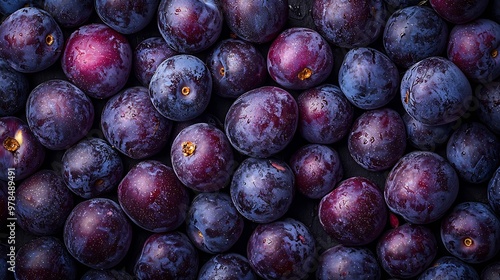 Lots of Fresh Ripe Plums Top View Background Texture : Generative AI