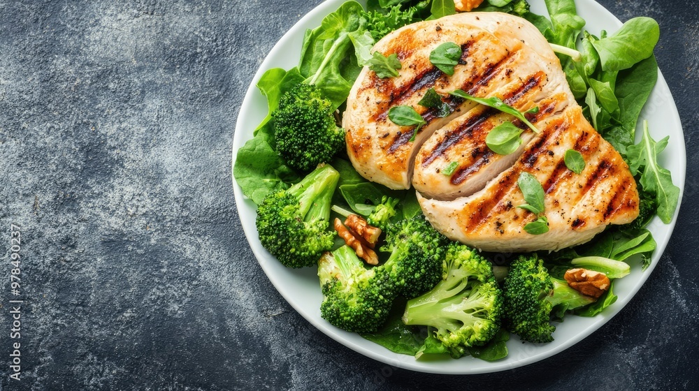 Golden roast chicken breast, grilled to perfection, served with crisp salad greens and tender broccoli. A wholesome, health-conscious meal focused on nutrition Golden roast chicken breast, grilled to perfection, served with crisp salad greens and tender broccoli. A wholesome, health-conscious meal focused on nutrition