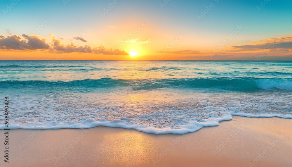 Obraz premium Crystal-clear turquoise waters with gentle waves lapping at a pristine beach under a golden sunset