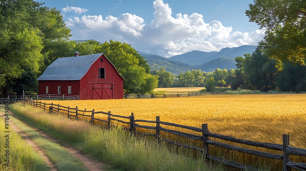 A red barn stands in a field of golden wheat, with mountains in the distance and a dirt road leading to it. A red barn stands in a field of golden wheat, with mountains in the distance and a dirt road leading to it.