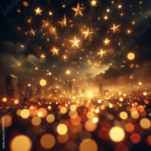 New Year Countdown Background with Golden Stars and Blurred Bokeh