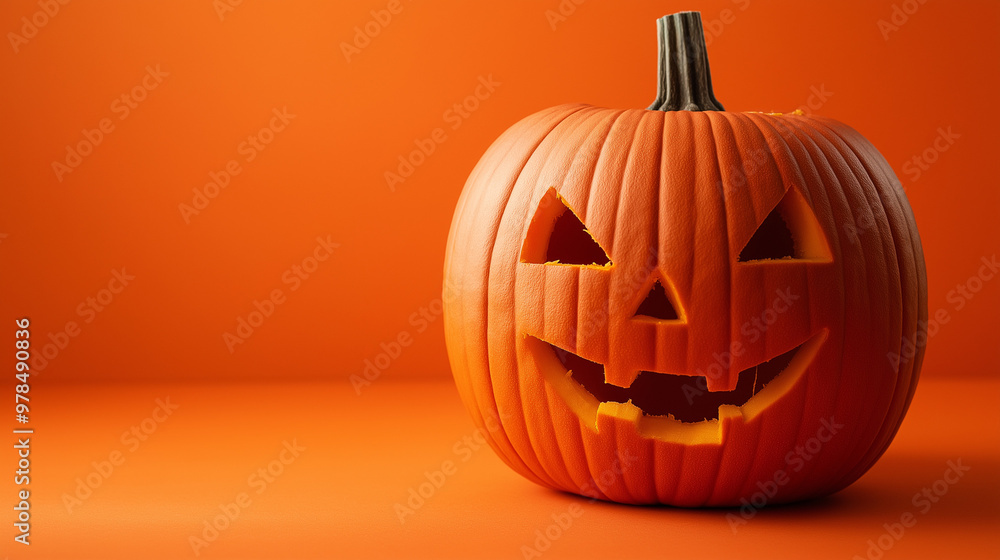 A brightly carved pumpkin featuring a smiling face stands against a vibrant orange background, embodying the spirit of Halloween festivities and creativity, copy space A brightly carved pumpkin featuring a smiling face stands against a vibrant orange background, embodying the spirit of Halloween festivities and creativity, copy space