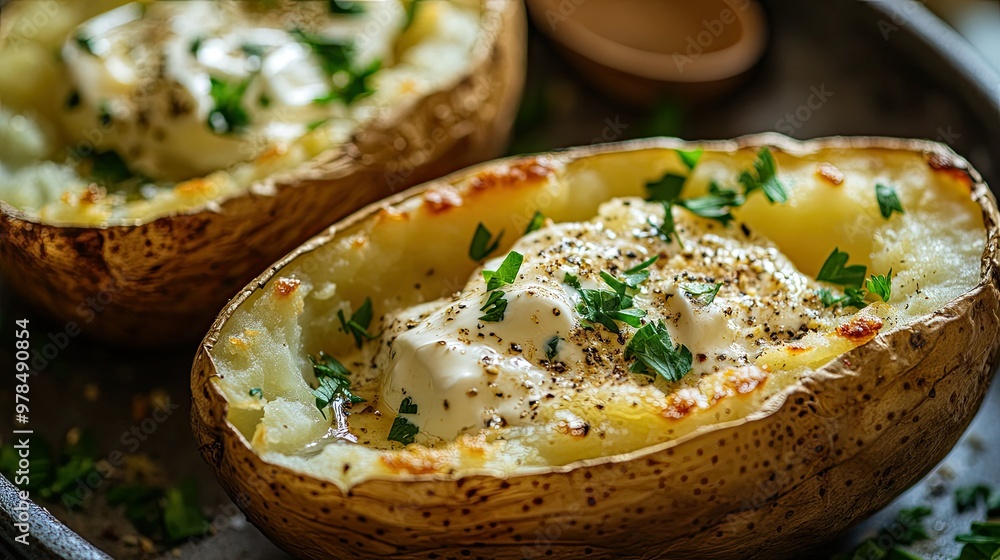 Gourmet-style baked potato split in half, with butter and sour cream melting together, topped with fresh herbs and seasoning, ready for a close-up Gourmet-style baked potato split in half, with butter and sour cream melting together, topped with fresh herbs and seasoning, ready for a close-up