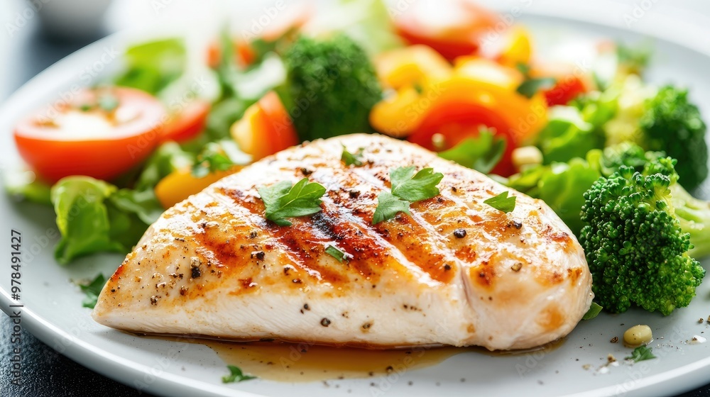 Grilled roast chicken breast with a side of vibrant salad and steamed broccoli, plated for a wholesome, healthy, and balanced meal for health-conscious individuals Grilled roast chicken breast with a side of vibrant salad and steamed broccoli, plated for a wholesome, healthy, and balanced meal for health-conscious individuals