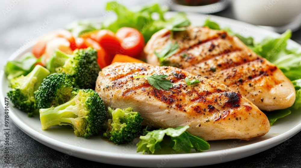 Grilled roast chicken breast with a side of vibrant salad and tender broccoli florets, beautifully plated for a nutritious and balanced meal. Ideal for healthy eating Grilled roast chicken breast with a side of vibrant salad and tender broccoli florets, beautifully plated for a nutritious and balanced meal. Ideal for healthy eating