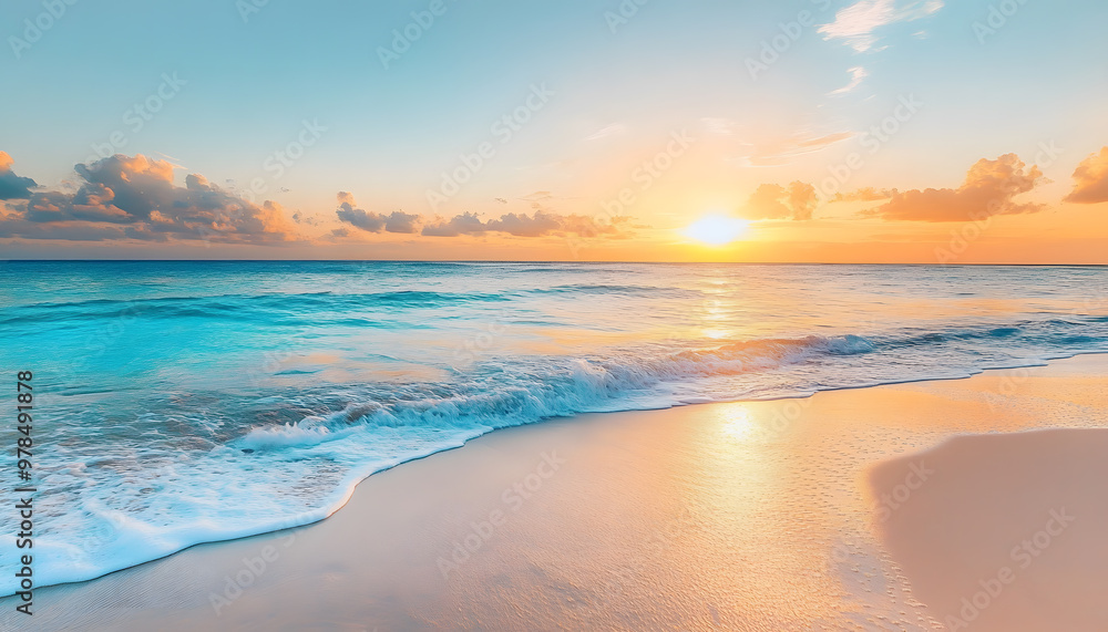 Fototapeta premium Crystal-clear turquoise waters with gentle waves lapping at a pristine beach under a golden sunset