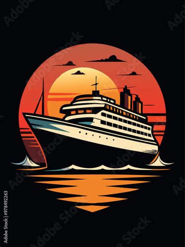 Cruise ship in front of a vintage sunset, vintage t-shirt design vector graphics, black background
